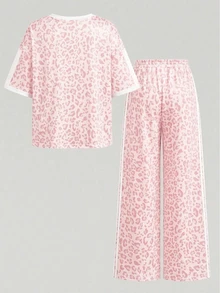 SHEIN Kids Tween Girls Round Neck Drop Shoulder T-Shirt Loose Straight Leg Pants 2pcs Set School Tea Party Pink Summer Athletic - Multicolor - View 3