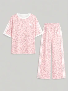 SHEIN Kids Tween Girls Round Neck Drop Shoulder T-Shirt Loose Straight Leg Pants 2pcs Set School Tea Party Pink Summer Athletic - Multicolor - View 2
