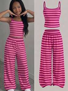SHEIN Kids Tween Girl Knitted Camisole Top And Striped Loose Pants Set - Multicolor - View 1