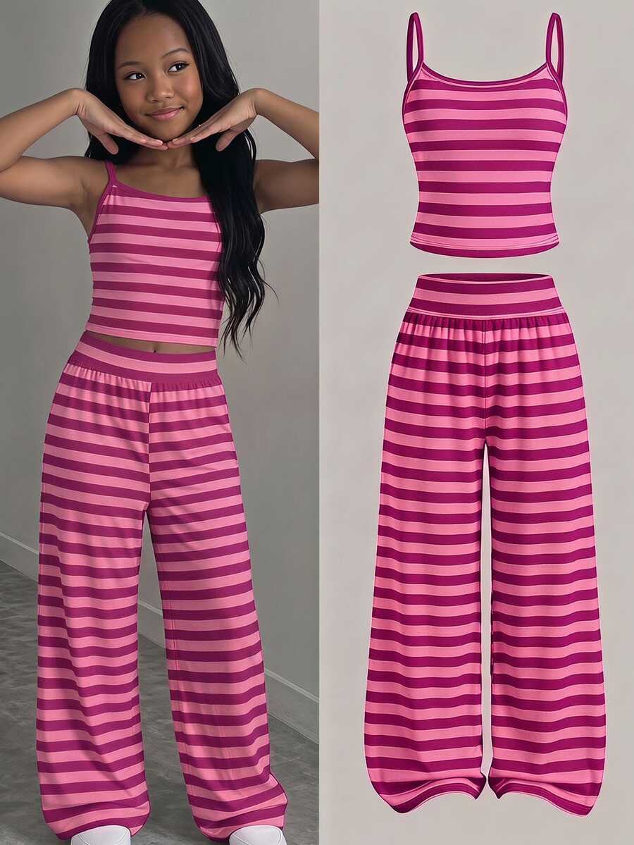 SHEIN Kids Tween Girl Knitted Camisole Top And Striped Loose Pants Set - Multicolor - View 1