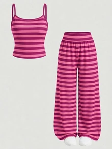 SHEIN Kids Tween Girl Knitted Camisole Top And Striped Loose Pants Set - Multicolor - View 6