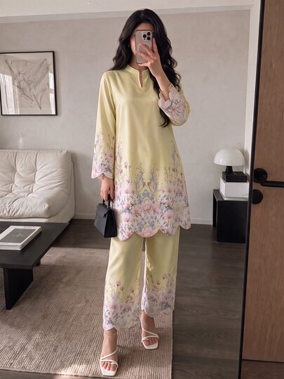 Modelyn 春夏女款V領刺繡時尚寬鬆兩件套