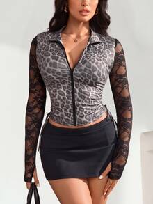 Slayform Fashionable Sexy Lace Patchwork Leopard Print Sports Jacket - Multicolor - View 2