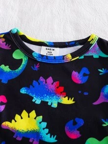 SHEIN 嬰兒男孩女孩貼身舒適睡衣套裝，螢光卡通動物圖案針織柔軟圓領長袖套頭上衣與緊身長褲兩件套 - 彩色 - 查看 5