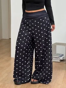 SHEIN CURVE+ Damen Große Größen Herbst Ausgehen Urlaub Strand Outfit Boho Basic Schwarz und Weiß Polka Dots Mittlere Taille - Schwarz und Weiss - Übersicht 3