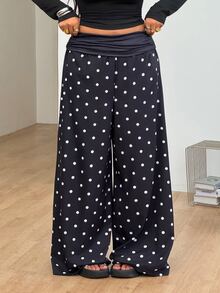 SHEIN CURVE+ Damen Große Größen Herbst Ausgehen Urlaub Strand Outfit Boho Basic Schwarz und Weiß Polka Dots Mittlere Taille - Schwarz und Weiss - Übersicht 4