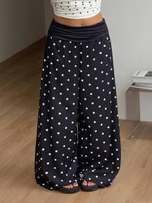 SHEIN CURVE+ Damen Große Größen Herbst Ausgehen Urlaub Strand Outfit Boho Basic Schwarz und Weiß Polka Dots Mittlere Taille - Schwarz und Weiss - Übersicht 1