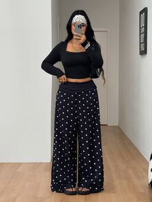 SHEIN CURVE+ Damen Große Größen Herbst Ausgehen Urlaub Strand Outfit Boho Basic Schwarz und Weiß Polka Dots Mittlere Taille - Schwarz und Weiss - Übersicht 6