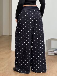 SHEIN CURVE+ Damen Große Größen Herbst Ausgehen Urlaub Strand Outfit Boho Basic Schwarz und Weiß Polka Dots Mittlere Taille - Schwarz und Weiss - Übersicht 5