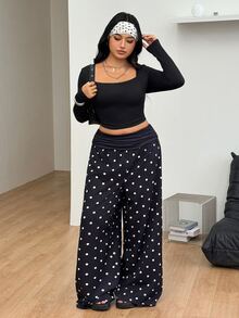 SHEIN CURVE+ Damen Große Größen Herbst Ausgehen Urlaub Strand Outfit Boho Basic Schwarz und Weiß Polka Dots Mittlere Taille - Schwarz und Weiss - Übersicht 2