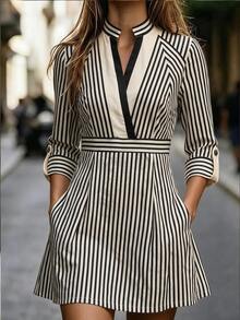Balvessa Stand Collar V-Neck Opening, Black And White Geometric Arrow ...