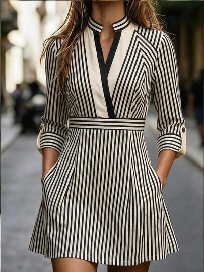 Balvessa Stand Collar V-Neck Opening, Black And White Geometric Arrow + Vertical Stripe Patchwork Pattern, Waist-Cinching A-Line Short Dress, With Pockets, Roll-Up 3/4 Sleeve Design