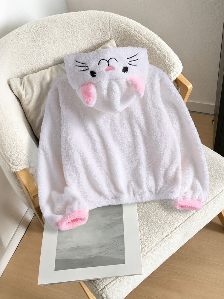 SHEIN 1pc Girls Sweet Style Casual Outerwear, Campus Casual Outfit, Autumn/Winter 3D Cat Embroidery Hooded Loose Fleece Jacket - White - View 2