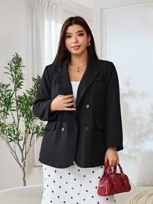Solflare Plus Size Women's Autumn/Winter Black Thermal Lined Long Sleeve Blazer With Pockets - Black - View 4