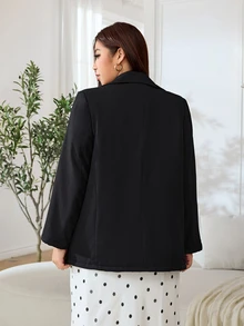 Solflare Plus Size Women's Autumn/Winter Black Thermal Lined Long Sleeve Blazer With Pockets - Black - View 2
