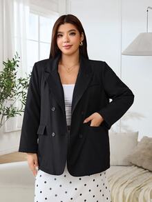 Solflare Plus Size Women's Autumn/Winter Black Thermal Lined Long Sleeve Blazer With Pockets - Black - View 3