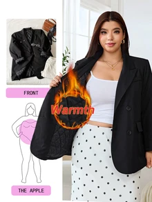 Solflare Plus Size Women's Autumn/Winter Black Thermal Lined Long Sleeve Blazer With Pockets - Black - View 1