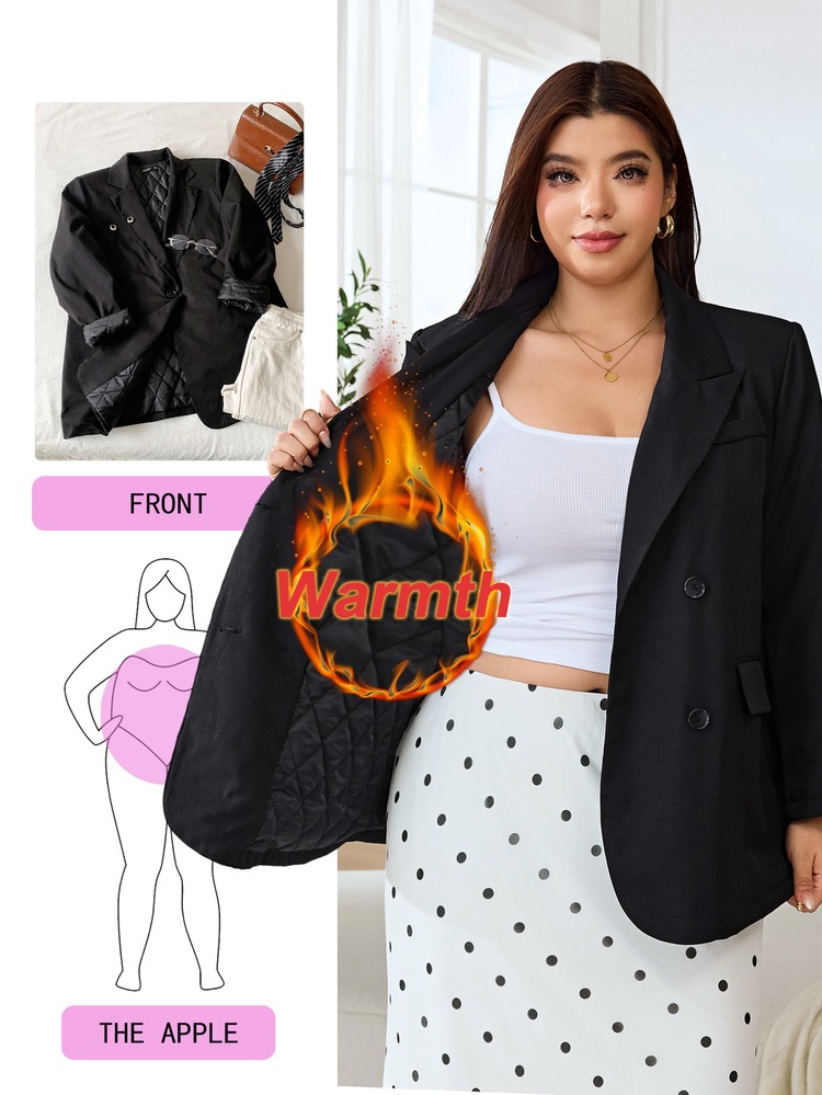 Solflare Plus Size Women's Autumn/Winter Black Thermal Lined Long Sleeve Blazer With Pockets,Fall,Elegant,Casual,Going Out - Black - View 1
