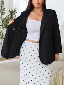 Solflare Plus Size Women's Autumn/Winter Black Thermal Lined Long Sleeve Blazer With Pockets - Black - View 7