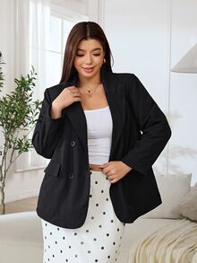 Solflare Plus Size Women's Autumn/Winter Black Thermal Lined Long Sleeve Blazer With Pockets - Black - View 5