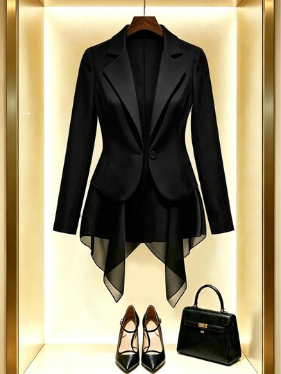 SHEIN Blazer Wanita Elegan dan Romantis dengan Potongan Rapi, Leher V, Lipatan, dan Pinggang yang Diikat, Pakaian Musim Gugur untuk Wanita, Atasan untuk Acara Keluar Malam