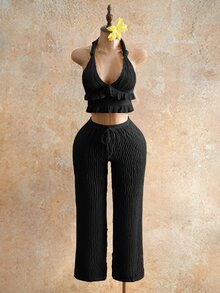 Mistrie 2026新款女士褶皱夏季宽松裤，抽绳纹理宽松阔腿裤，休闲阔腿针织裤，沙滩度假透明面料沙滩裤，音乐节派对 - 黑色 - 查看 7
