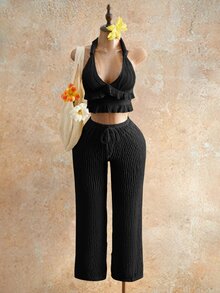 Mistrie 2026新款女士褶皱夏季宽松裤，抽绳纹理宽松阔腿裤，休闲阔腿针织裤，沙滩度假透明面料沙滩裤，音乐节派对 - 黑色 - 查看 3