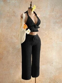 Mistrie 2026新款女士褶皱夏季宽松裤，抽绳纹理宽松阔腿裤，休闲阔腿针织裤，沙滩度假透明面料沙滩裤，音乐节派对 - 黑色 - 查看 5