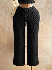 Mistrie 2026新款女士褶皱夏季宽松裤，抽绳纹理宽松阔腿裤，休闲阔腿针织裤，沙滩度假透明面料沙滩裤，音乐节派对 - 黑色 - 查看 4