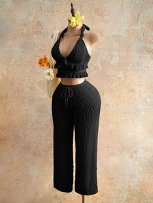 Mistrie 2026新款女士褶皱夏季宽松裤，抽绳纹理宽松阔腿裤，休闲阔腿针织裤，沙滩度假透明面料沙滩裤，音乐节派对 - 黑色 - 查看 9