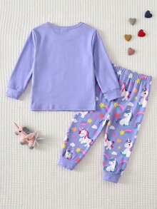 SHEIN 女嬰發光小馬印花修身套頭上衣與彈性印花加厚抓絨長褲套裝，適合冬季 - 紫色 - 查看 2