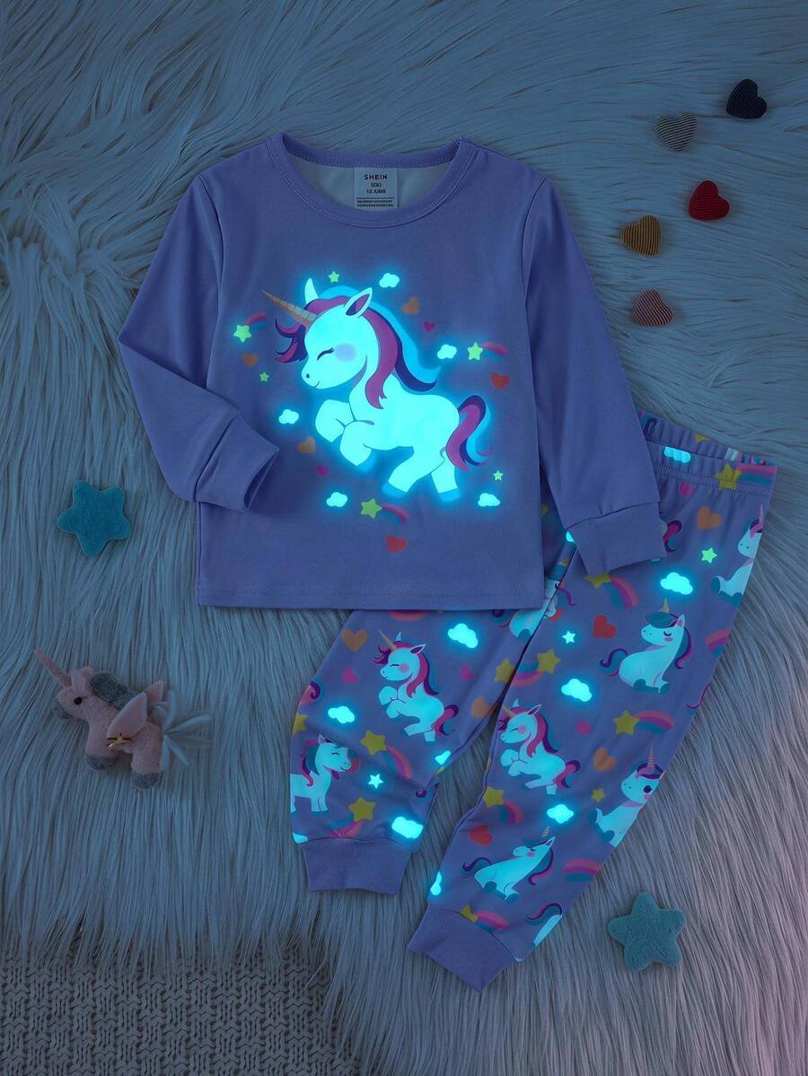 SHEIN 女嬰發光小馬印花修身套頭上衣與彈性印花加厚抓絨長褲套裝,適合冬季 - 紫色 - 查看 1