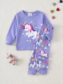 SHEIN 女嬰發光小馬印花修身套頭上衣與彈性印花加厚抓絨長褲套裝，適合冬季 - 紫色 - 查看 8