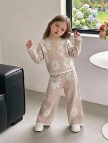Souflis Conjunto de top de punto con cuello redondo y pantalones de punto con estampado floral lindo para niña joven otoño invierno - Multicolor - Ver 1