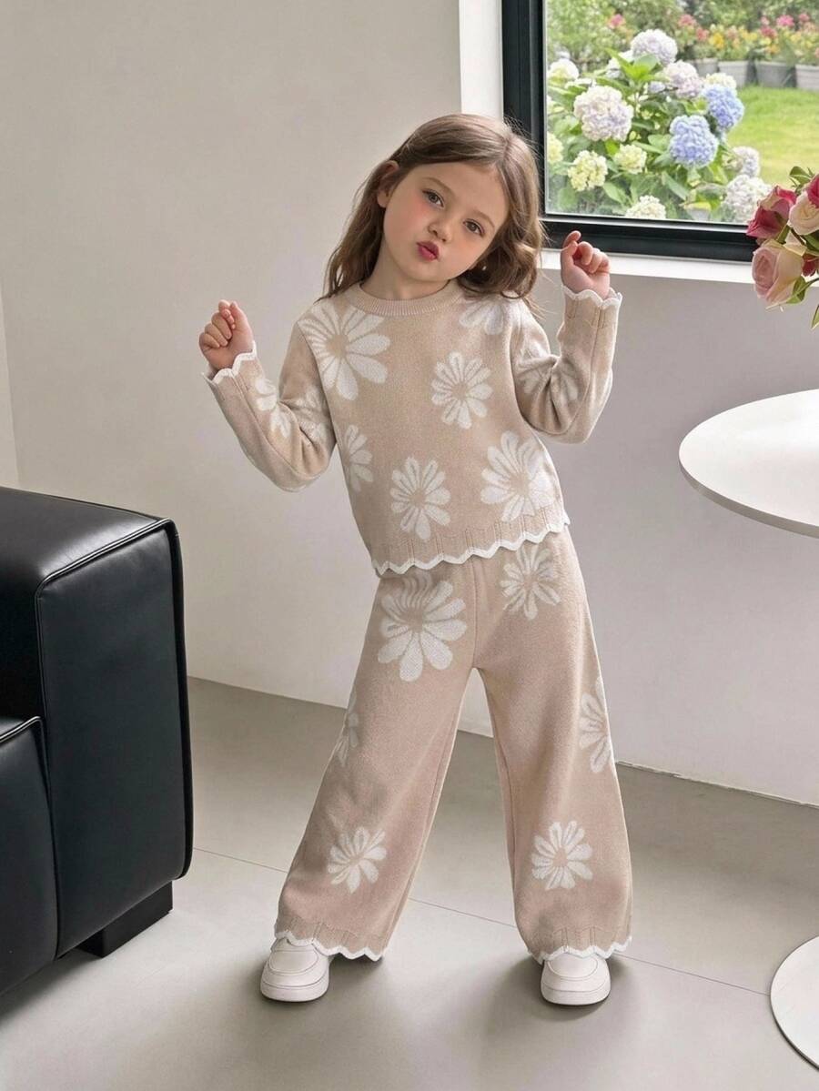 Souflis Conjunto de top de punto con cuello redondo y pantalones de punto con estampado floral lindo para niña joven otoño invierno - Multicolor - Ver 1