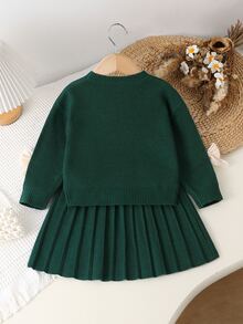 SHEIN Playful Pals (女童)燕麥色手工歐根紗蝴蝶結圓領落肩長袖套頭毛衣+配套百褶裙 秋冬 - 橄欖綠 - 查看 2