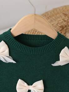 SHEIN Playful Pals (女童)燕麥色手工歐根紗蝴蝶結圓領落肩長袖套頭毛衣+配套百褶裙 秋冬 - 橄欖綠 - 查看 5