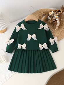SHEIN Playful Pals (女童)燕麥色手工歐根紗蝴蝶結圓領落肩長袖套頭毛衣+配套百褶裙 秋冬 - 橄欖綠 - 查看 8