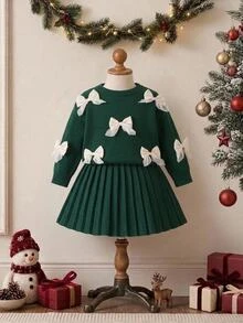 SHEIN Playful Pals (女童)燕麥色手工歐根紗蝴蝶結圓領落肩長袖套頭毛衣+配套百褶裙 秋冬 - 橄欖綠 - 查看 10