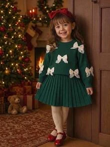 SHEIN Playful Pals (女童)燕麥色手工歐根紗蝴蝶結圓領落肩長袖套頭毛衣+配套百褶裙 秋冬 - 橄欖綠 - 查看 1