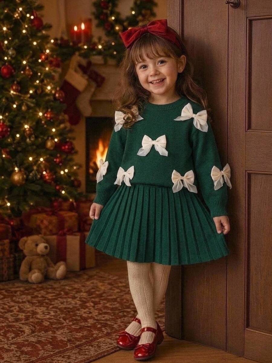 SHEIN Playful Pals (女童)燕麥色手工歐根紗蝴蝶結圓領落肩長袖套頭毛衣+配套百褶裙 秋冬 - 橄欖綠 - 查看 1