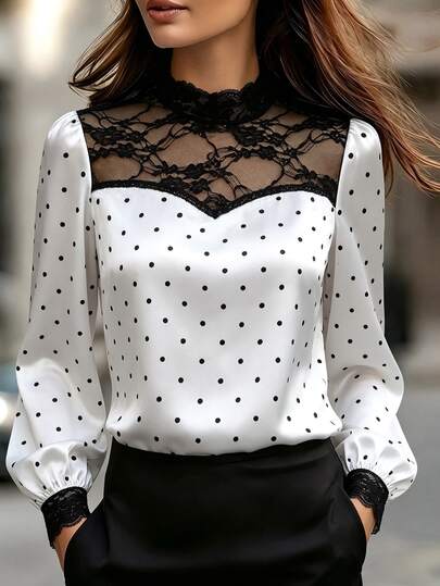 Vavine Women's Elegant Versatile Polka Dot Blouse, Lace Patchwork Hollow Stand Collar Blouse, Glossy Satin Puff Sleeve Blouse, Suitable For Commuting, Spring/Summer Vacation Wear, Black And White Women's Blouse, New Elegant Women's Blouse, Women's Casual Long Sleeve Blouse, Women's Autumn/Winter Blouse