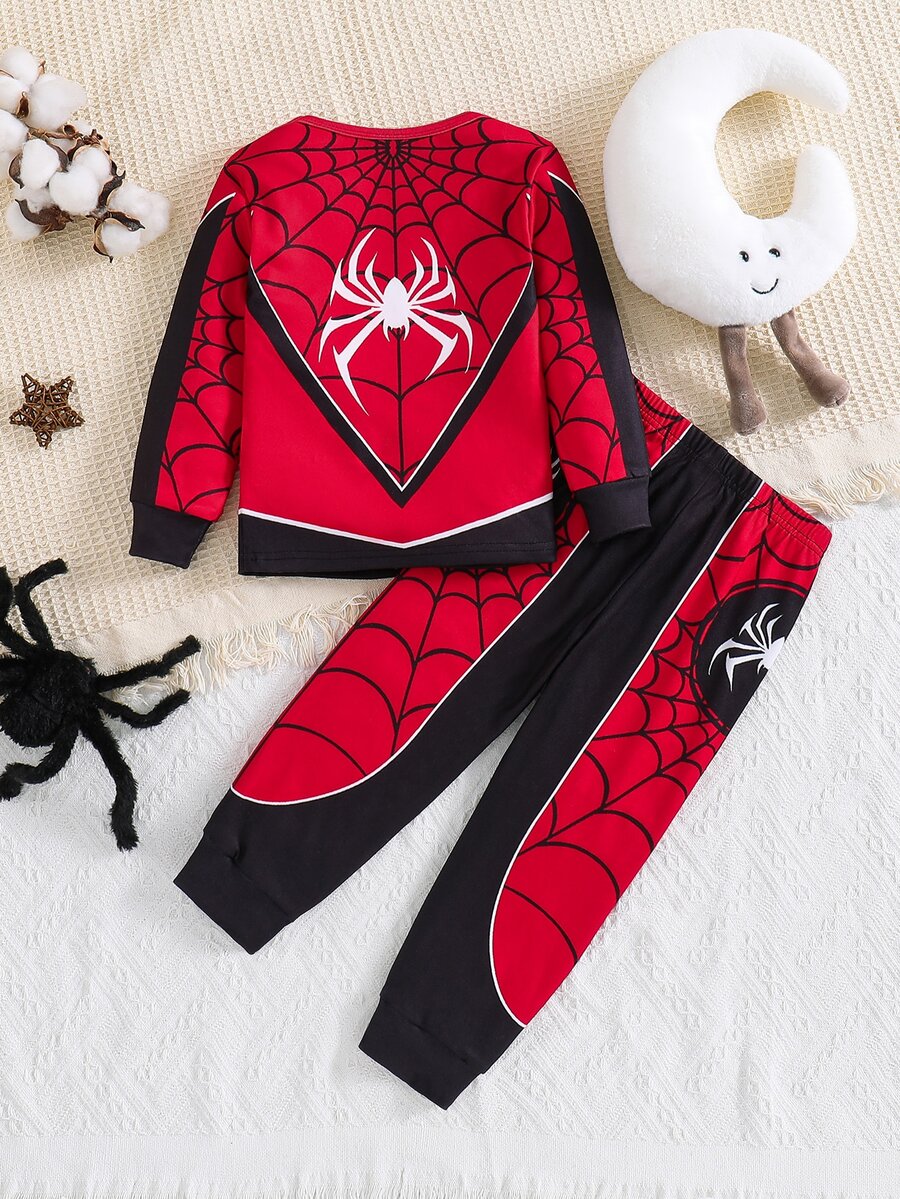 SHEIN Young Boy Snug Fit Autumn/Winter Pattern Crew Neck Regular Shoulder Long Sleeve T-Shirt And Pajama Pants, Soft Comfortable Casual Tight Pajama Set 2pcs