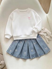 SHEIN Baby Girl Contrast Color Bow Print Cute Fleece Dropped Shoulder Thick Crew Neck Pullover Autumn Sweatshirt, Suitable For Winter - White - View 1