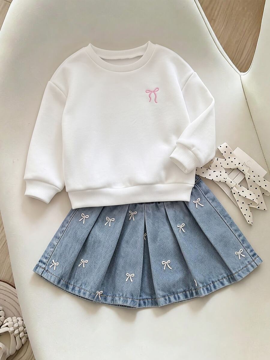 SHEIN Baby Girl Contrast Color Bow Print Cute Fleece Dropped Shoulder Thick Crew Neck Pullover Autumn Sweatshirt, Suitable For Winter - White - View 1