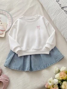 SHEIN Baby Girl Contrast Color Bow Print Cute Fleece Dropped Shoulder Thick Crew Neck Pullover Autumn Sweatshirt, Suitable For Winter - White - View 3