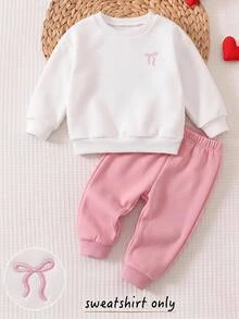 SHEIN Baby Girl Contrast Color Bow Print Cute Fleece Dropped Shoulder Thick Crew Neck Pullover Autumn Sweatshirt, Suitable For Winter - White - View 7