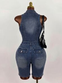 Mistrie Women's Buckle Design Casual Daily Denim Romper - Blue - View 2