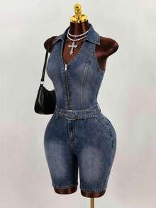 Mistrie Women's Buckle Design Casual Daily Denim Romper - Blue - View 3