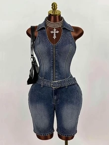 Mistrie Women's Buckle Design Casual Daily Denim Romper - Blue - View 1